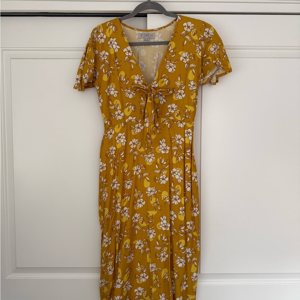 Yireh Mustard Yellow Floral Midi Dress